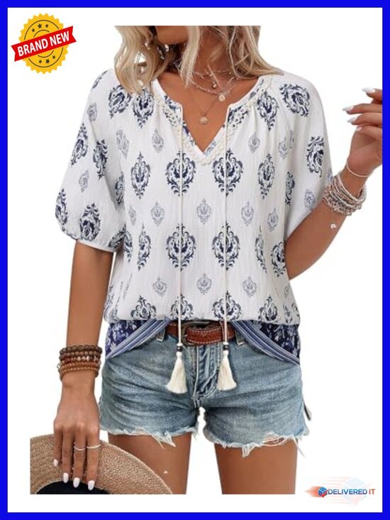 Tops - Womens Boho Floral V Neck Short Sleeve Blouse Tie Front Flowy Vacation Top